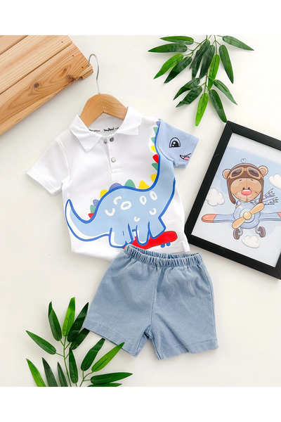 hümabebe طقم صيفي مكون من قطعتين مع شورت جينز محبوك بياقة قميص مطبوع من Dino