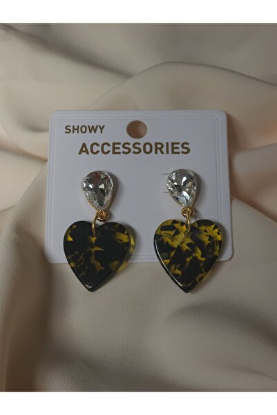 Avcıoğlu Aksesuar أقراط نسائية على شكل قلب أصفر شبكي بنقشة الفهد قطرة من حجر ...