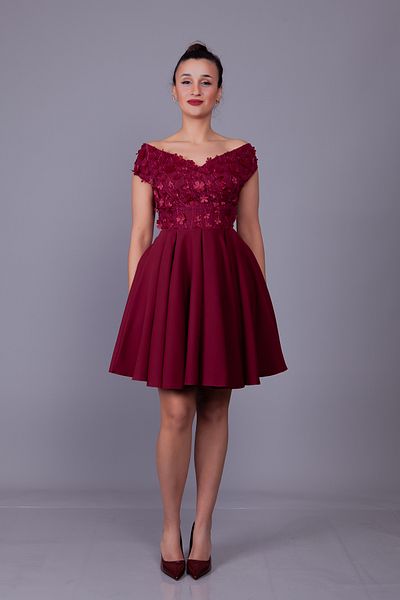 Bidoluelbise Burgundy Boat Neck Floral Tulle Detail Mini Length Evening Dress