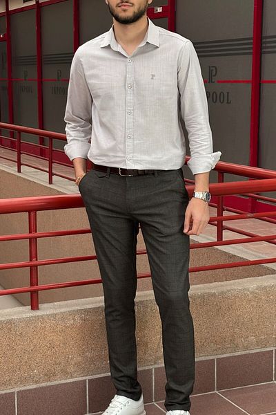 inpool Men'S, Shirt Collar, Regular Fit, Cotton, Linen Woven, Old Money Culture, Embroidery Detailed Shirt G10