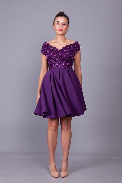 Bidoluelbise Plum Boat Neck Floral Tulle Detail Mini Length Evening Dress