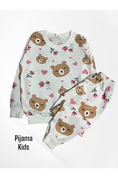 Pijamakids Girl's 100% Cotton Ecru Teddy Bear Heart Floral Print Long Sleeve Seasonal Pajamas Set