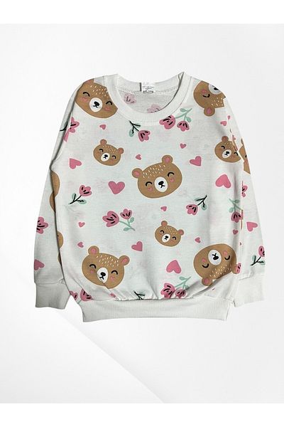 Pijamakids Girl's 100% Cotton Ecru Teddy Bear Heart Floral Print Long Sleeve Seasonal Pajamas Set