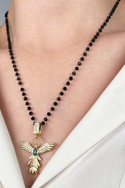 Sose Moda Emerald Anchor Steel Necklace with Bead Chain - Gold