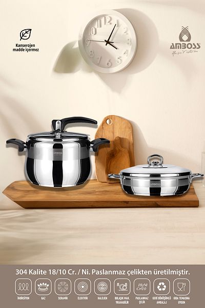 Amboss Laren Amber 4 Pieces - 4 Lt Flat Pot, 26 cm Steel Lid and Pressure