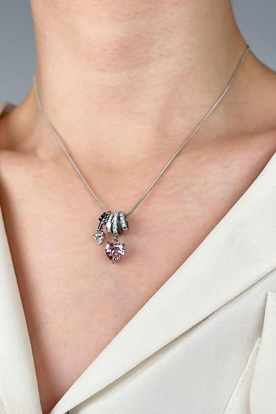 Sose Moda Pink Heart End Charm Steel Necklace - Silver
