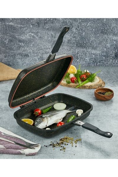 FMS Granite 36 cm Double Sided Grill Fish and Grill Pan Black