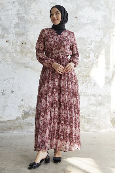 InStyle Φόρεμα σιφόν με ζωσμένο έθνικ σχέδιο - δαμάσκηνο