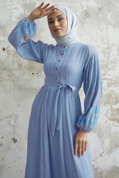 InStyle Seersucker Embroidered Sleeve Dress - Baby Blue