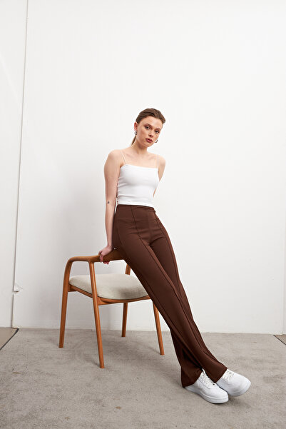 Bipantolon Women's Brown High Waist Ribbed Stitched Stretch Pants