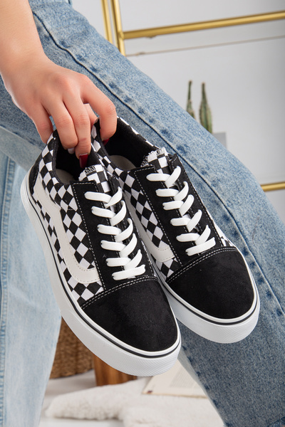 ayakkabıhavuzu Unisex Günlük Siyah Beyaz Kareli Sneaker Spor Ayakkabı Keten Bağcıklı