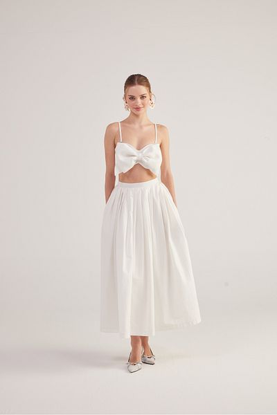 HOLLY LOLLY White Long Olivia Skirt - Belted Waist, Pocket and Lined