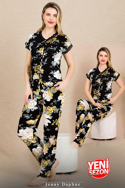Jenny Daphne Noul sezon pijamale cu imprimeu floral pentru dama - guler cu nasturi, maneca scurta, set 12498