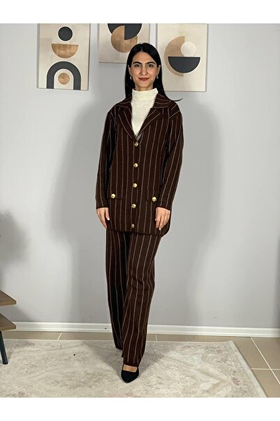 YusGos Women's Jacket Collar Gold Button Cardigan and High Waist Pants Bottom Top Knitwear Set