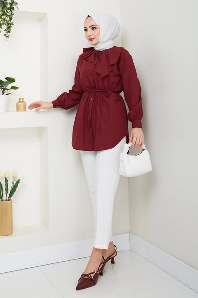 Nevayla Moda Риза с вратовръзка с детайлен дизайн - Бордо червено / Ü102