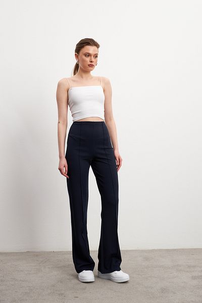 Bipantolon Women's Navy Blue High Waist Ribbed Stitched Stretch Trousers
