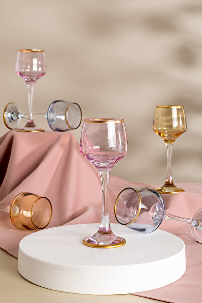 MEST 3 Renk 6 Kişilik Ayaklı Cam Kahve Yanı Su Bardağı Seti - Şık ve Renkli T...