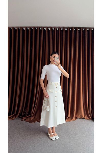 HAZELANNA Premium Ecru Skirt with Gold Buttons and Belt