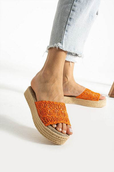 kubiano Women's Knitted Straw Wedge Heeled Orange Slippers (3cm)