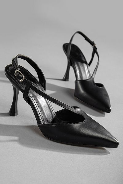 camaiore Women's Black Leather Classic Heeled Shoes Thin Heel Women's Kara Dadanlı Footwear