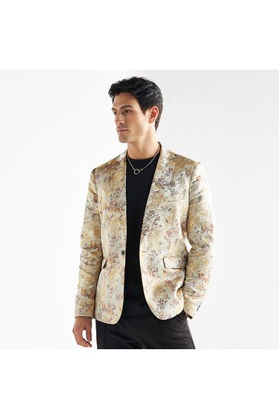 FAV All-Over Floral Embroidered Blazer with Notch Lapel and Long Sleeves