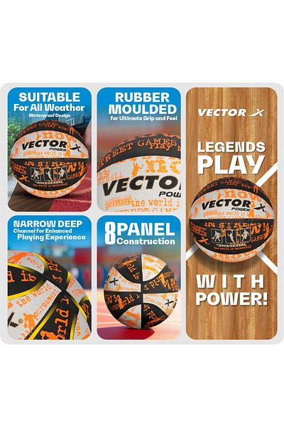 Vector X Power Basketball |Black & Orange | Size 5 | Rubber | Water-Resistant | Men & Boys.