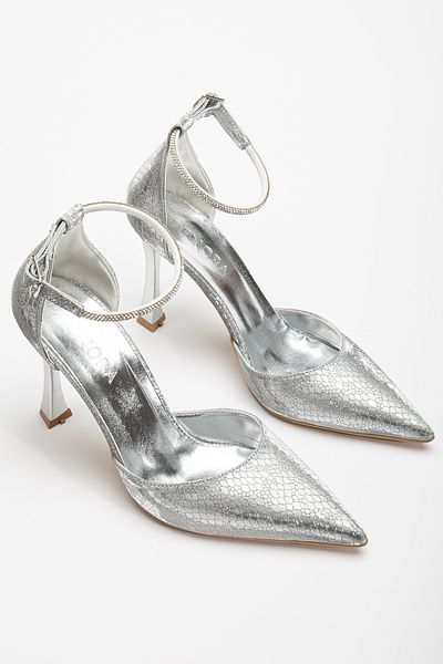 DENORA Silver Silver Ankle Strap Snake Print Evening Dress Stylish Pointed Toe Heels