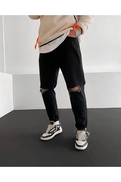 MODA Men's Black Boyrfrend Jeans with Slit Detail at Knees