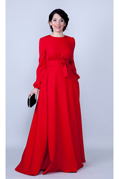 NO48 Kırmızı Bisiklet Yaka Uzun Kol Dokuma Kumaş Beli Büzgülü Kuşaklı Cepli Maxi Boy Davet & Abiye Elbise