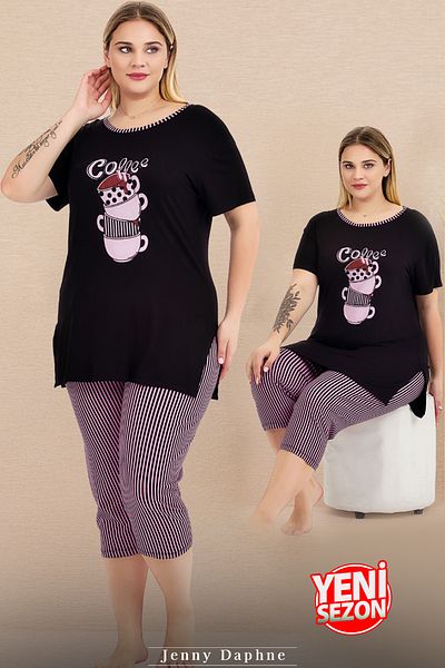Jenny Daphne Lady Plus Size Striped Capri Slit Short Sleeve Capri Pajamas Set 10728