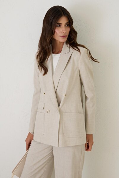 Setre Beige Asymmetrical Closure Button Detail Jacket with Waist Detail Comfortable Fit Pants Suit