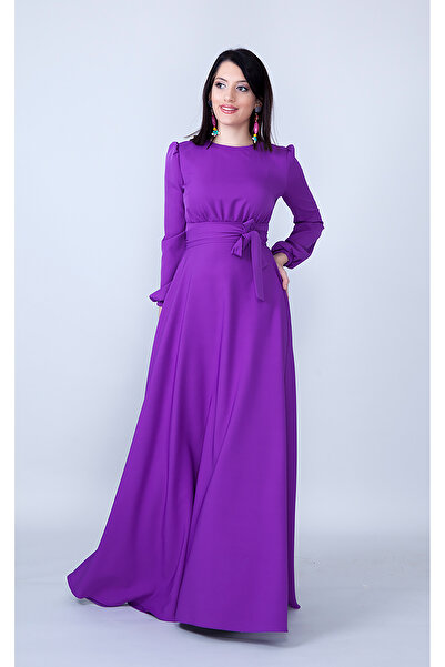 NO48 Μωβ λαιμόκοψη μακρυμάνικο υφαντό ύφασμα με κορδόνι στη μέση και τσέπες με ζώνη Maxi Boy Προσκλητήριο & βραδινό φόρεμα