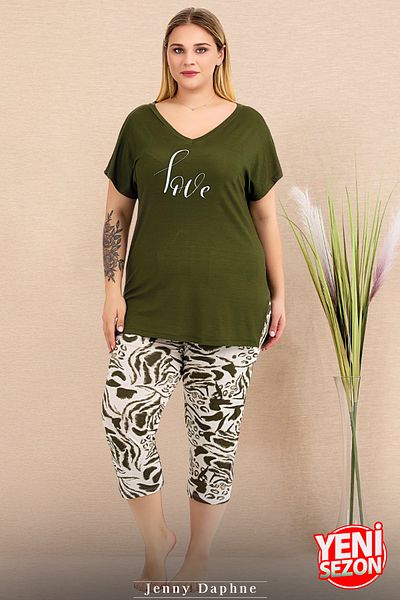 Jenny Daphne Set de pijamale Capri cu mâneci scurte cu imprimeu verde pentru damă, mărime mare, 10715