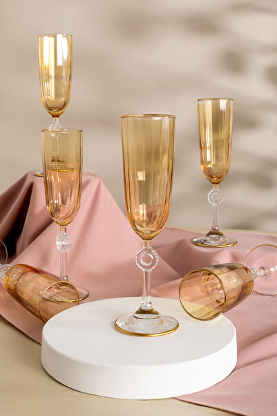 MEST Emora 6 Adet Ayaklı Bal Renk  Kahve Yanı Su Bardağı Takımı - 150 cc Şıklık ve Zarafet