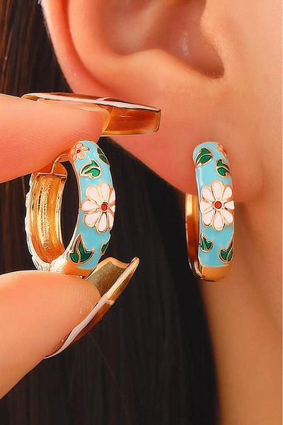 ARTEMİSİA Women's Vip Series Antiallergic Tarnish-Free Flower Motif Enameled Blue Earrings 2.5 cm