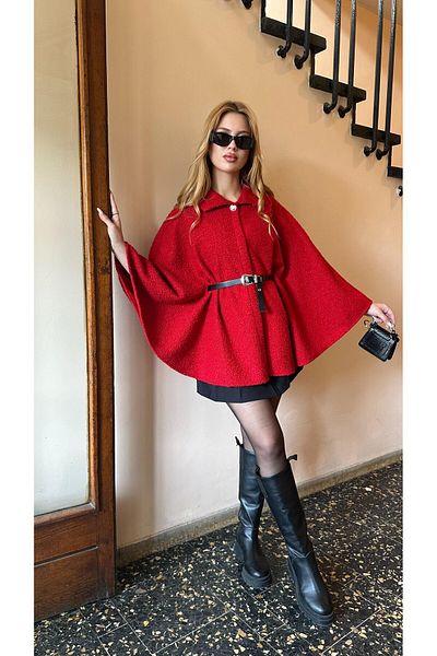 HARMONY GLOBAL Women's Red Belted Boucle Stamp Poncho