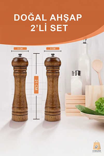 ebulduk Ahşap Baharat Tuz Öğütücü Değirmen Tuzluk Baharatlık 21 Cm 2'li Set K...