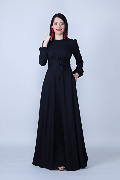 NO48 Μαύρο μακρυμάνικο υφαντό ύφασμα με λαιμόκοψη με κορδόνι που συρρικνώνεται με τσέπες Maxi Size Προσκλητήριο & βραδινό φόρεμα