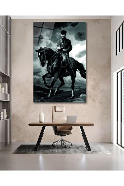 BestSanat At Üstünde Atatürk Siyah Beyaz Cam Tablo