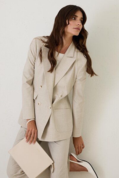 Setre Beige Asymmetrical Closure Button Detail Jacket with Waist Detail Comfortable Fit Pants Suit