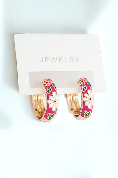 ARTEMİSİA Women's Vip Series Antiallergic Tarnish Free Flower Motif Enameled Pink Earrings 2.5 cm