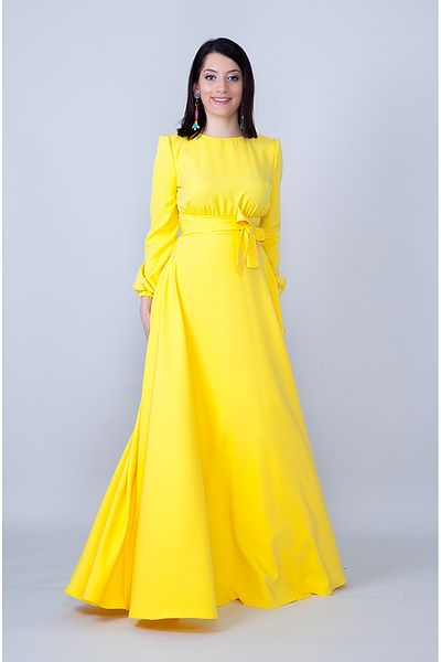 NO48 Yellow Crew Neck Long Sleeve Woven Fabric Waist Shirred Belted Maxi Length Invitation & Evening Dress with Pockets