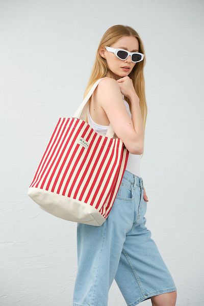 Maule 2-teilige rot gestreifte Damen-Umhängetasche – 100 % Baumwolle, mit Reißverschluss, Strand & Alltag – kleine Tasche
