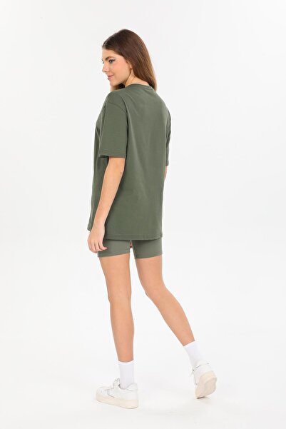 Domoda Χακί Oversize Fit Βαμβακερό κοντό μανίκι Basic Unisex γυναικείο ανδρικό μπλουζάκι