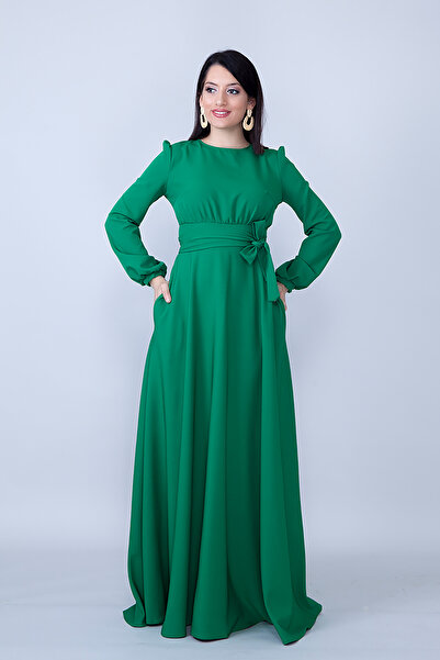 NO48 Çimen Bisiklet Yaka Uzun Kol Dokuma Kumaş Beli Büzgülü Kuşaklı Cepli Maxi Boy Davet & Abiye Elbise