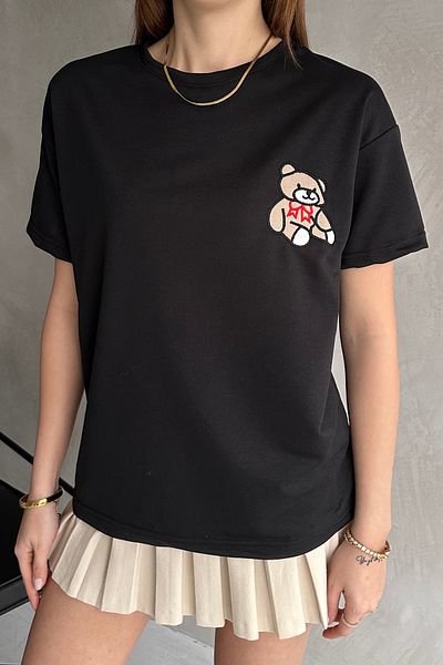 Rabi Shine Tricou negru pentru femei, cu decolteu rotund, brodat OVRIS EZe