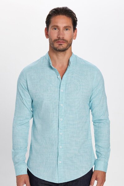Tudors Ανδρικό πουκάμισο με μακρυμάνικο 100% βαμβακερό λινό με λεπτή εφαρμογή με γιακά μέντα