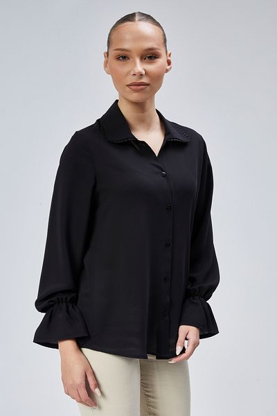 EMMAS CLOTHİNG Cămașă neagră țesătă cu mâneci cu șnur pentru femei, cu detaliu de guler din dantelă