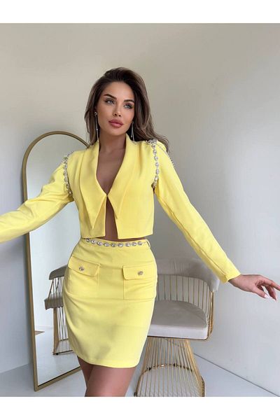 1Moda1Tarz Women's Atlas Fabric Sleeve and Waist Stone Accessory Detail Skirt Jacket Bottom-Top Set