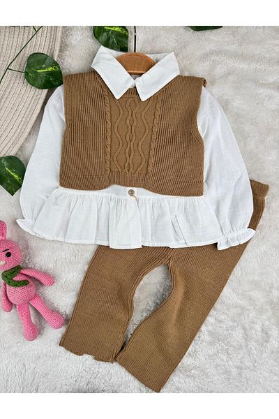 Minizade 3-Piece Knitwear Premium Baby Girl Set with Crop Sweater and Shirt